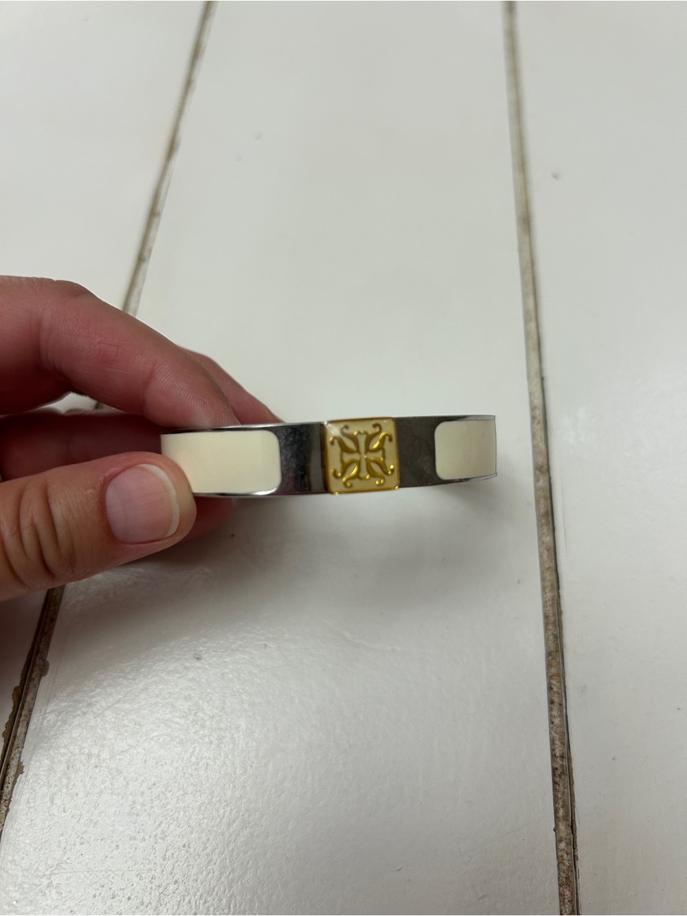 Rustic Cuff Women's Silver and Cream Bangle Bracelet with Gold Accent